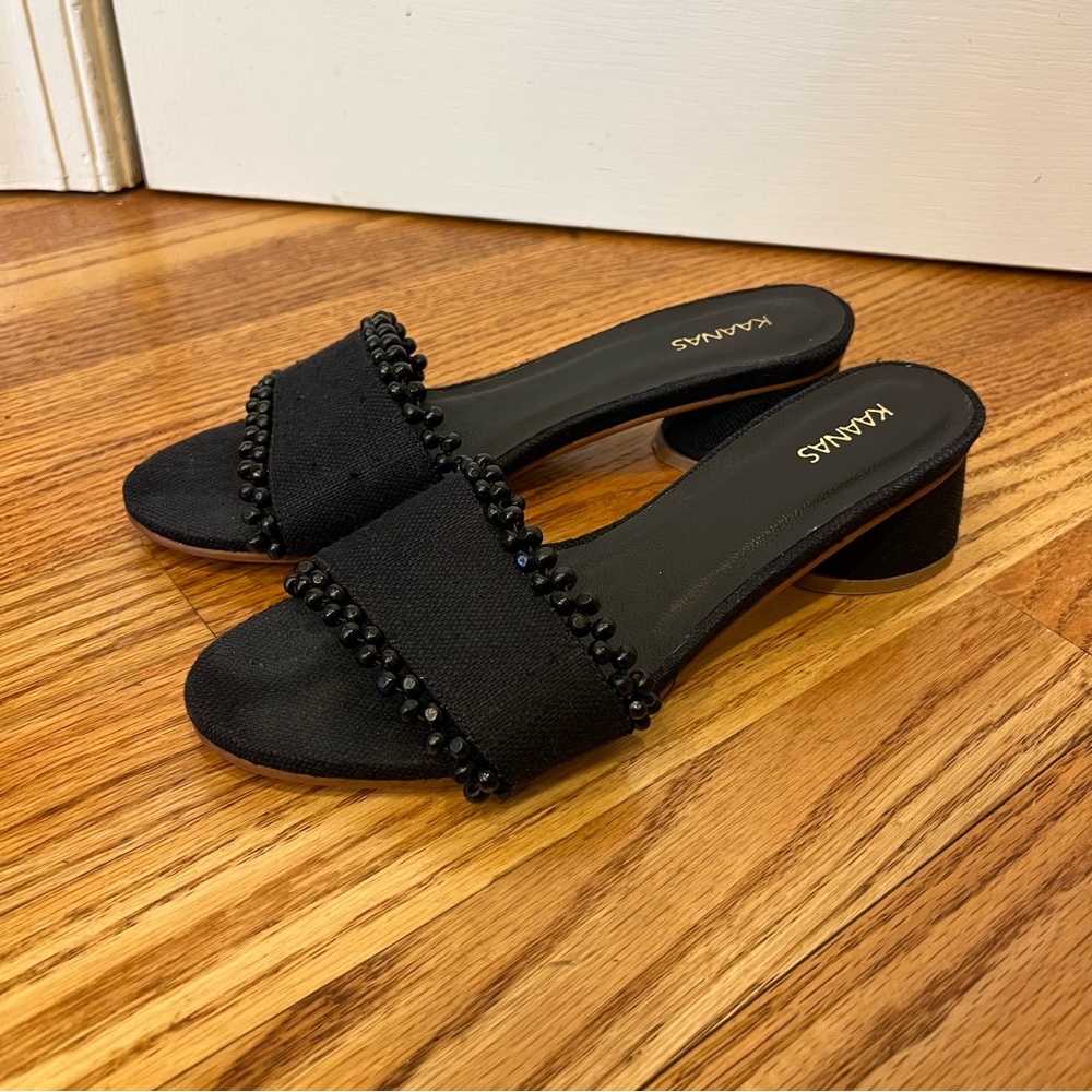 Kaanas Cairo Asymmetric Linen Heel in Black kitten heel beaded canvas sandal 8 - Picture 2 of 8